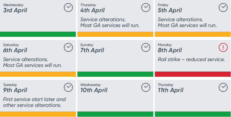 Most GA services will run on 4-6 April but there will be service alterations. Reduced service due to rail strike on 8 April. First services start later and other service alterations on 9 April.